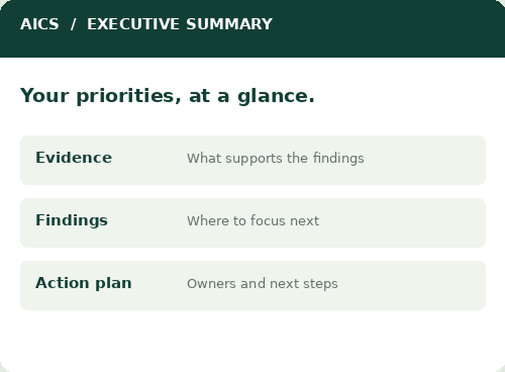 Illustrative executive summary showing evidence, findings, and an action plan.
